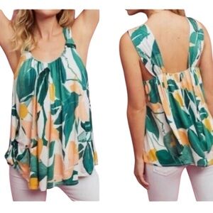 Vanessa Virginia Knotted Tropical Leaf Print Tank Top - Green & Peach. Size XS.